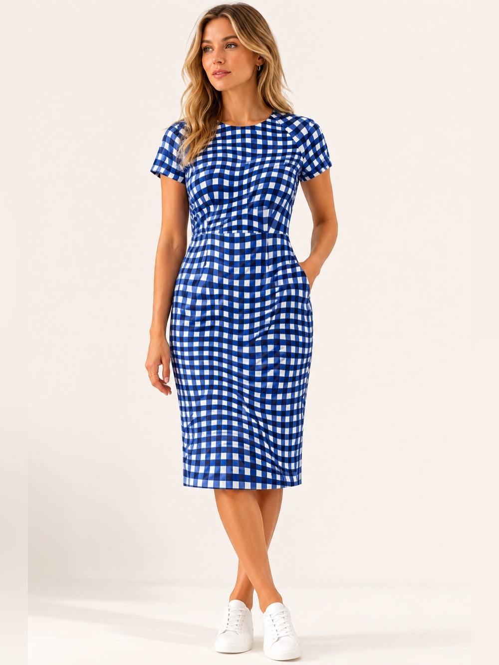 LK Bennett Kaleigh Check Midi Dress Navy White NWT US 4